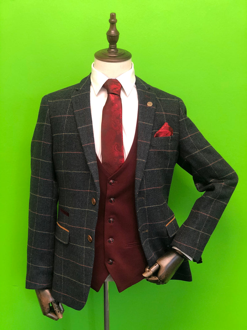 Navy Tweed Suit with Contrasting Wine Waistcoat and Wine Paisley Print Tie Set