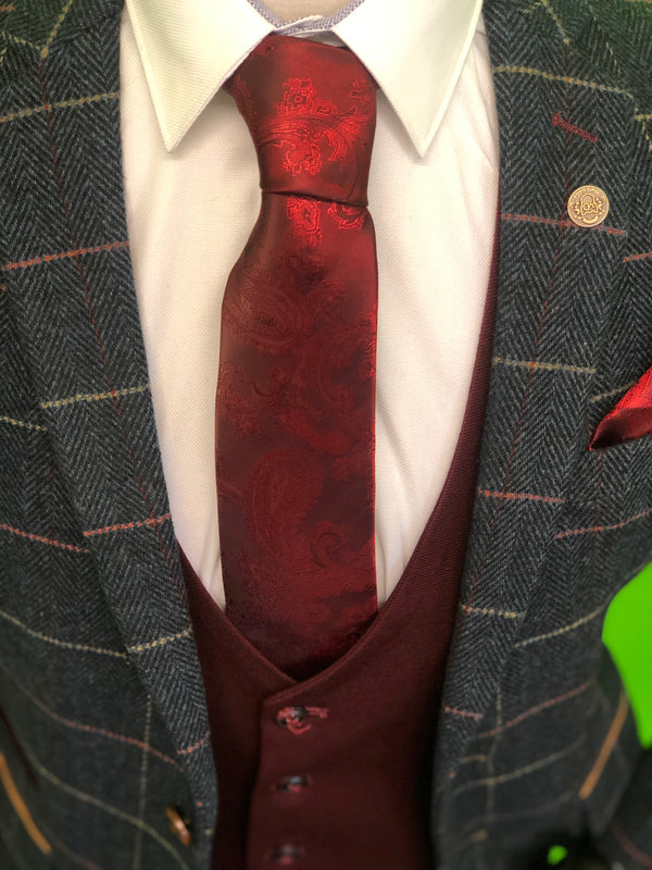 Navy Tweed Suit with Contrasting Wine Waistcoat and Wine Paisley Print Tie Set