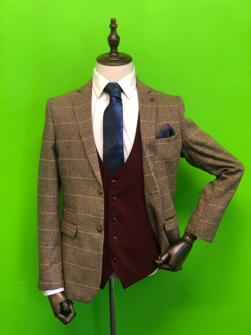 Brown Tweed Suits with Wine Contrast Waistcoat and Navy Paisley Print Tie Set