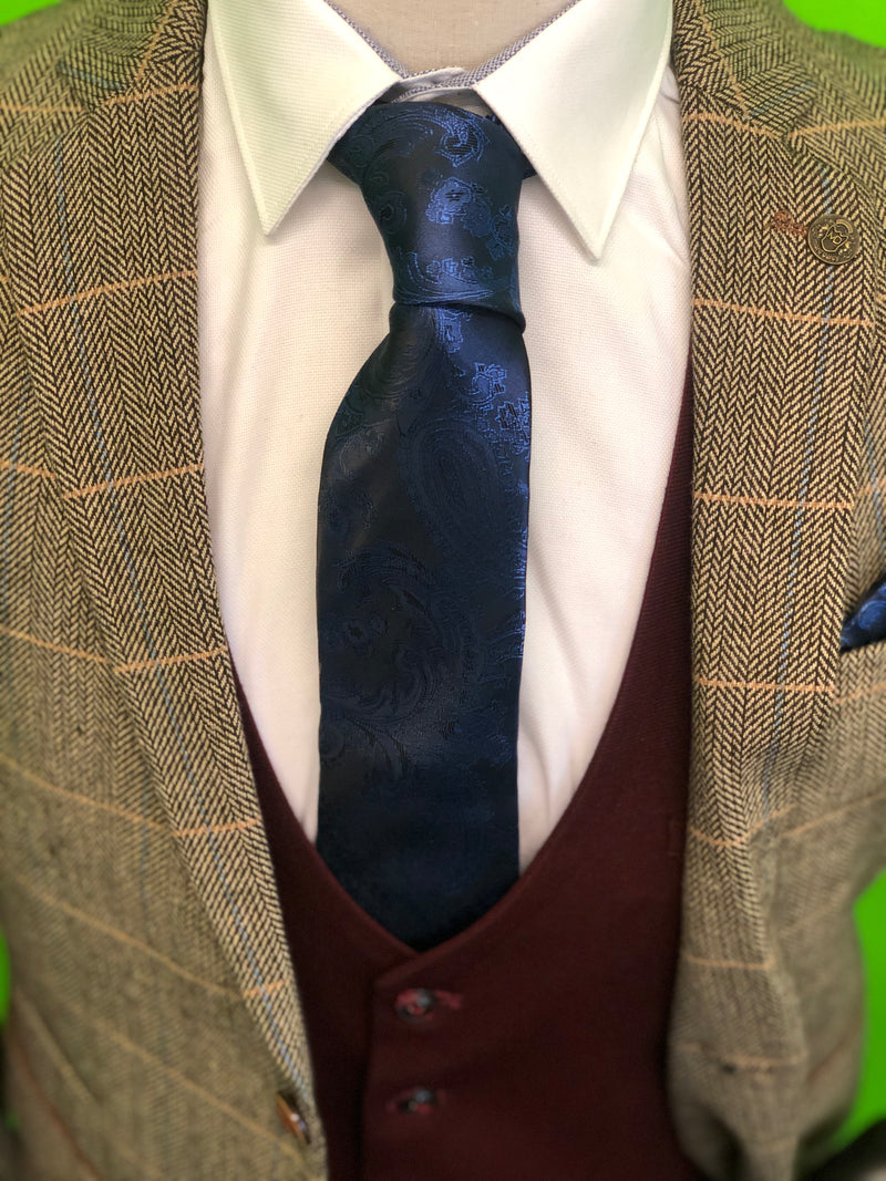 Brown Tweed Suits with Wine Contrast Waistcoat and Navy Paisley Print Tie Set - Mens Tweed Suits | Jacket | Waistcoats