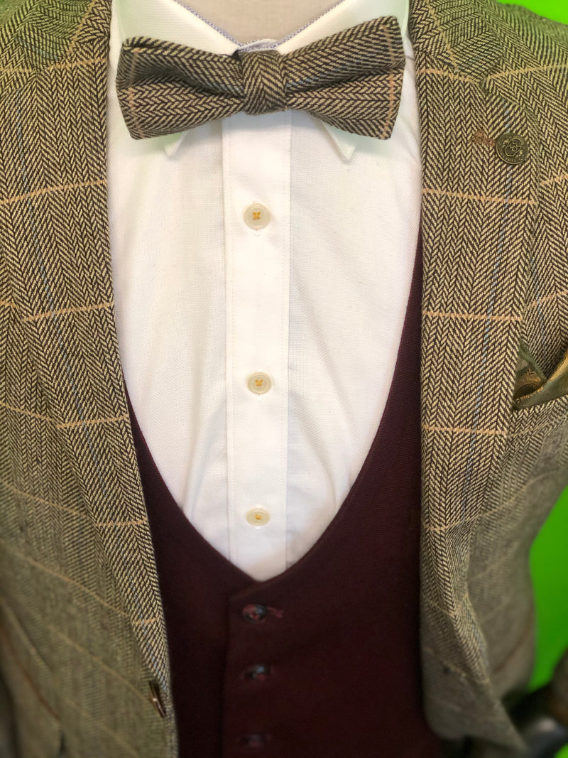 Brown Tweed Suit With Wine Waistcoat and Brown Tweed Bow Tie