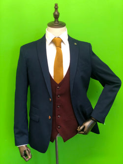 ROYAL BLUE SUIT WITH WINE WAISTCOAT AND TAN KNITTED TIE - Mens Tweed Suits | Jacket | Waistcoats