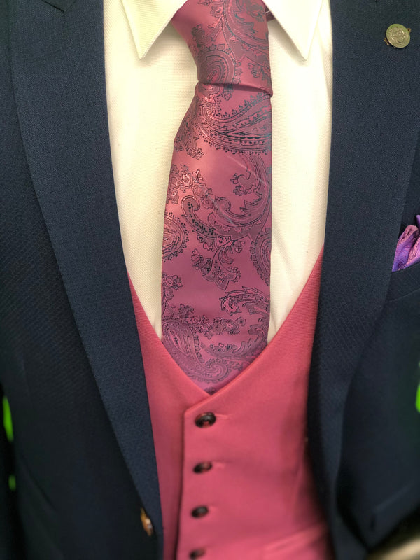 Royal Blue Suit with Pink Waistcoat and Pink Paisley Print Tie Set 