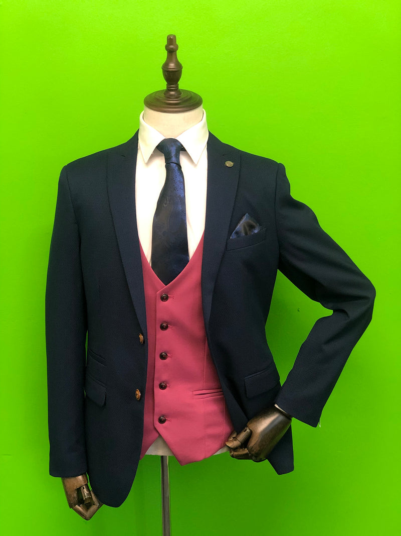 Royal Blue Suit with Wine Waistcoat and Navy Paisley Print Tie Set