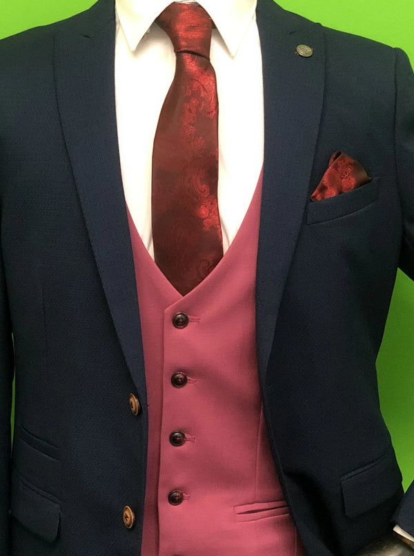 ROYAL BLUE SUIT WITH PINK WAISTCOAT AND RED PAISLEY PRINT TIE SET