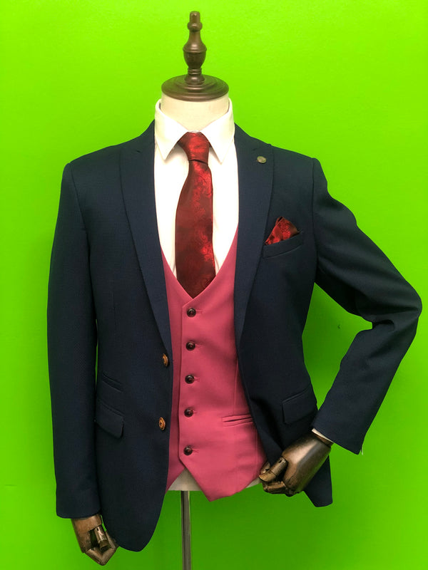 ROYAL BLUE SUIT WITH PINK WAISTCOAT AND RED PAISLEY PRINT TIE SET