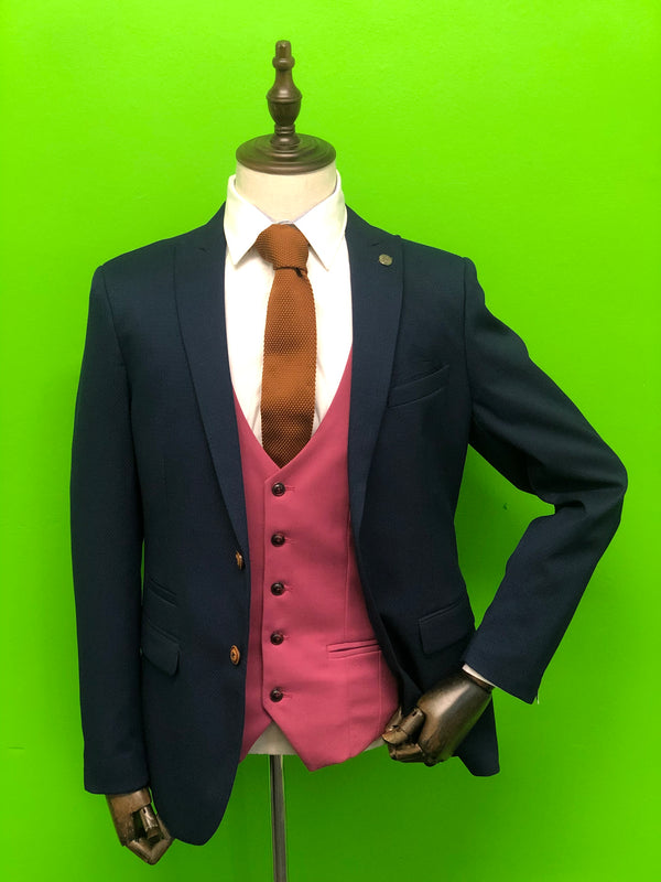 Royal Blue Suits with Pink Waistcoat and Tan Knitted Tie