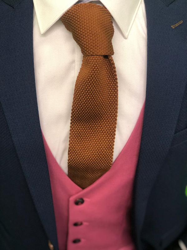 Royal Blue Suits with Pink Waistcoat and Tan Knitted Tie