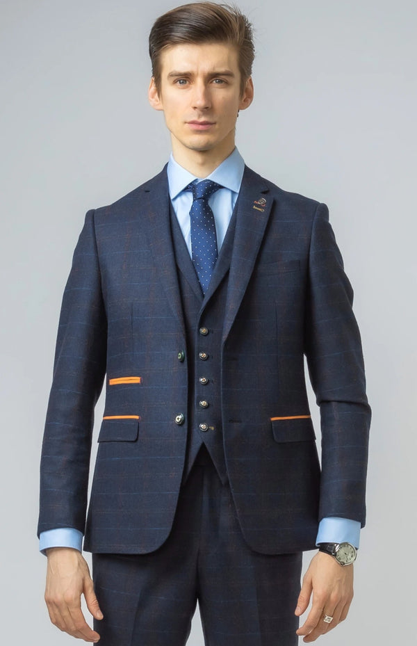Navy Double Breasted Tweed Suit | Robert Simon Suits | Mens Tweed Suits | Office Wear | Office Wear | check suit | Wedding Wear | Office Suit | Check Suit