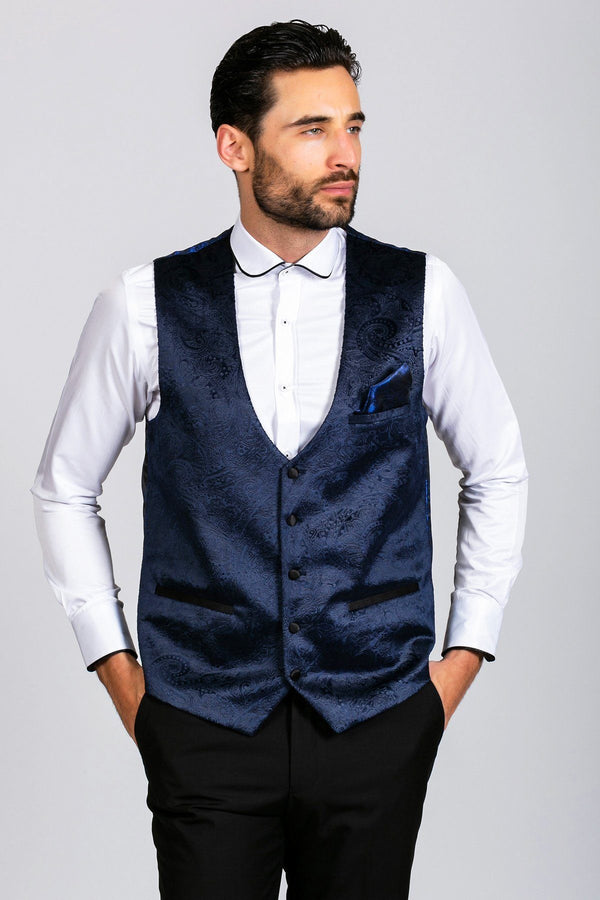 Simon Jacquard Navy Velvet Waistcoat - Mens Tweed Suits