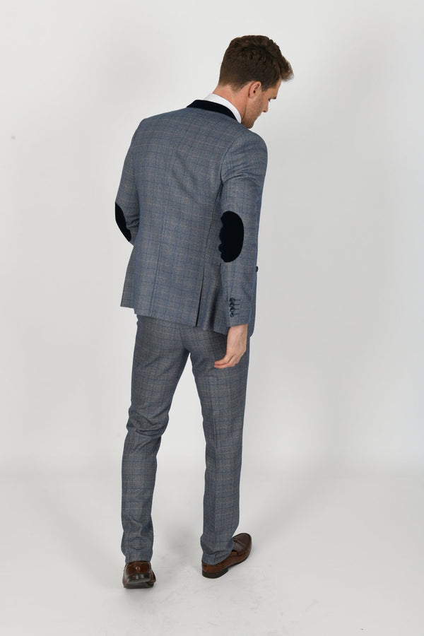Hilton Blue Velvet Trim Tweed Check Blazer | Marc Darcy - Mens Tweed Suits | Wedding Wear | Office Suit | Check Suit