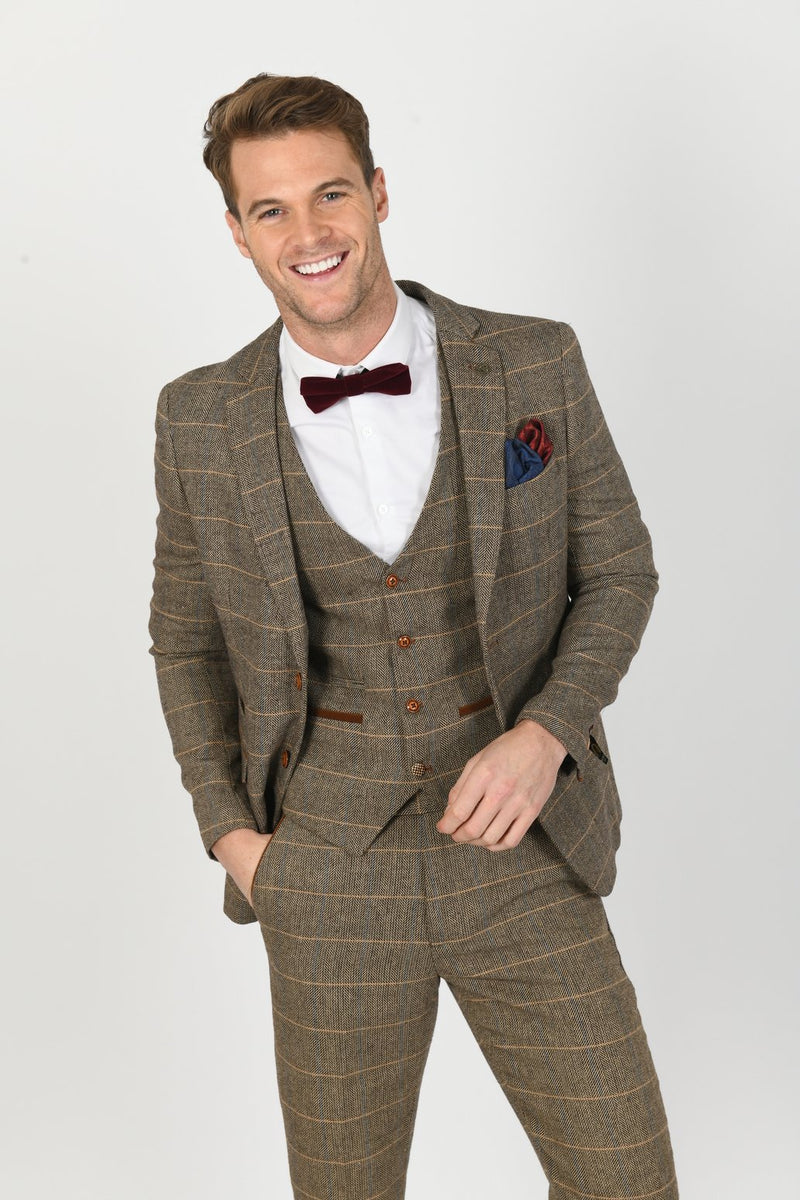 Ted Tan Brown Check Peaky Blinder Tweed Suit - Mens Tweed Suits | Check Suit | Wedding Wear | Office Wear