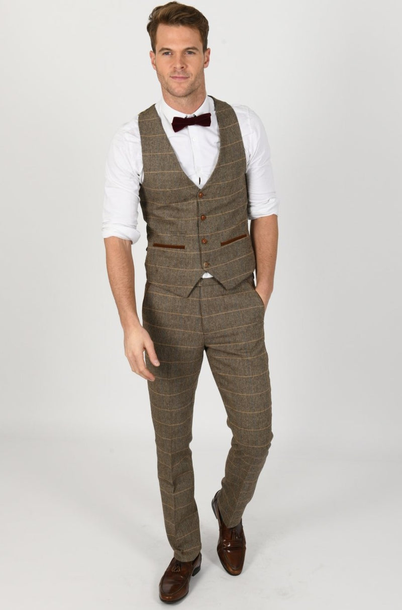 Ted Tan Brown Check Peaky Blinder Tweed Suit - Mens Tweed Suits | Check Suit | Wedding Wear | Office Wear