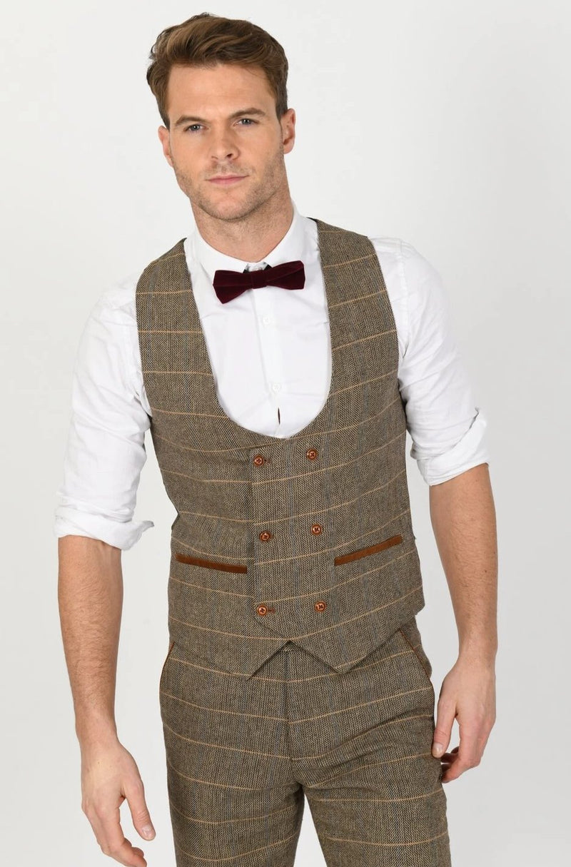Mens 3 Piece Tweed Check Suit  Brown Buy Online  Happy Gentleman
