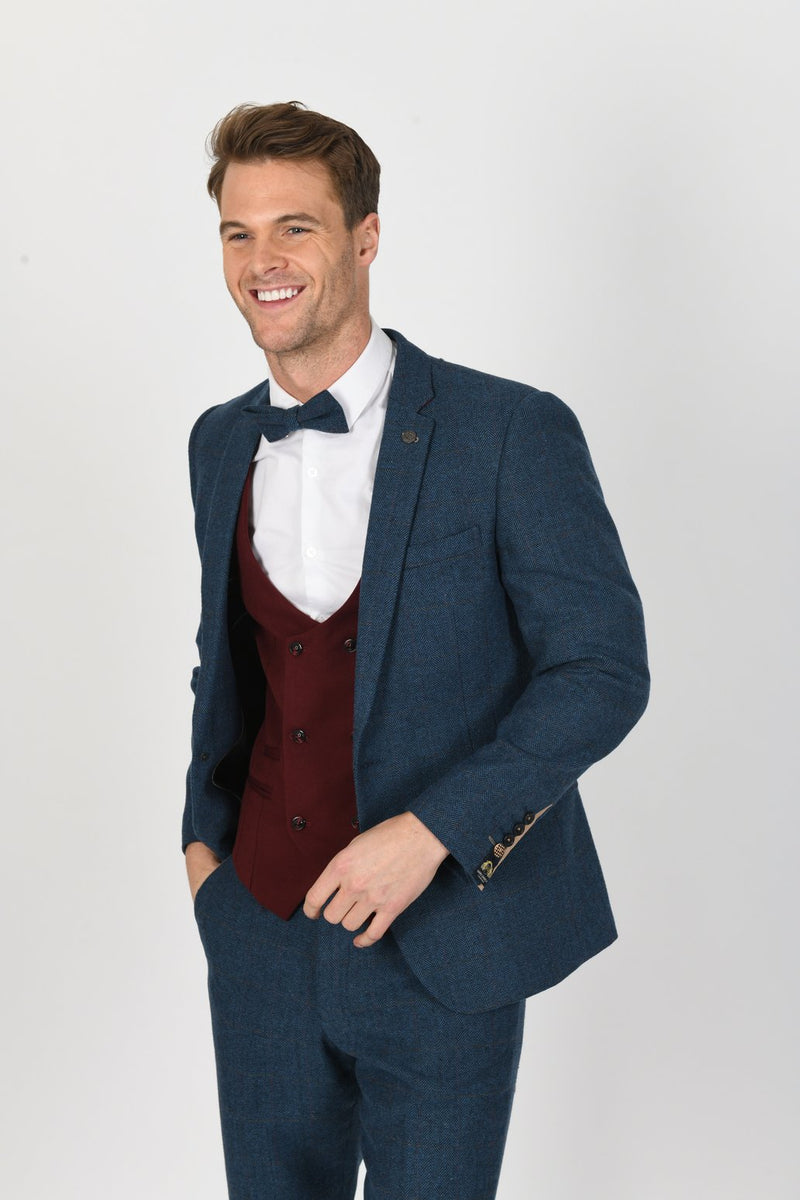 DION SUIT WITH KELLY WINE DOUBLE BREASTED WAISTCOAT | MENS TWEED SUITS - Mens Tweed Suits | Wedding Wear | Office Suit | Check Blazer