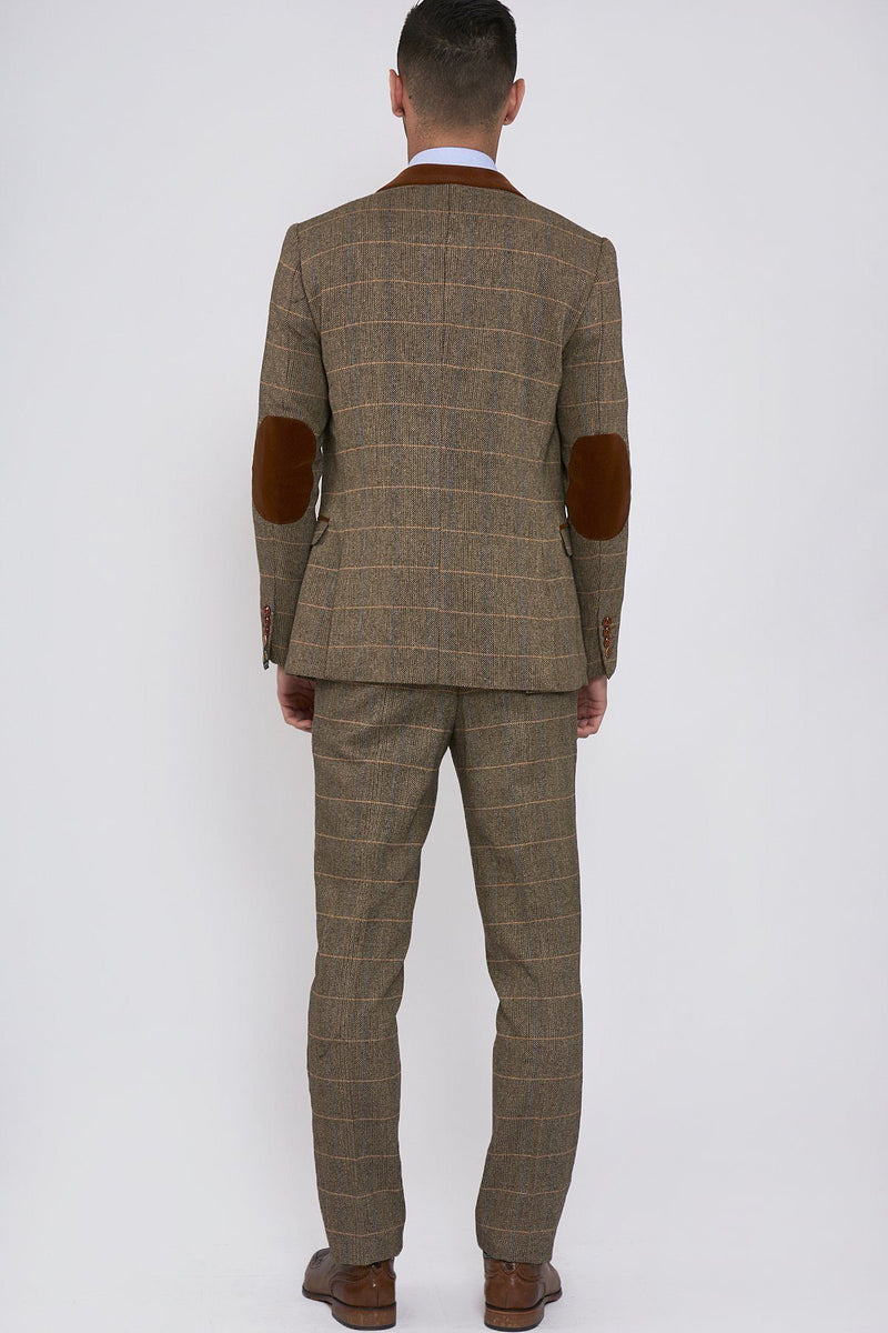 DX7 Tan Tweed Suit With Double Breasted Waistcoat - Mens Tweed Suits  | Check Suit | Office Wear
