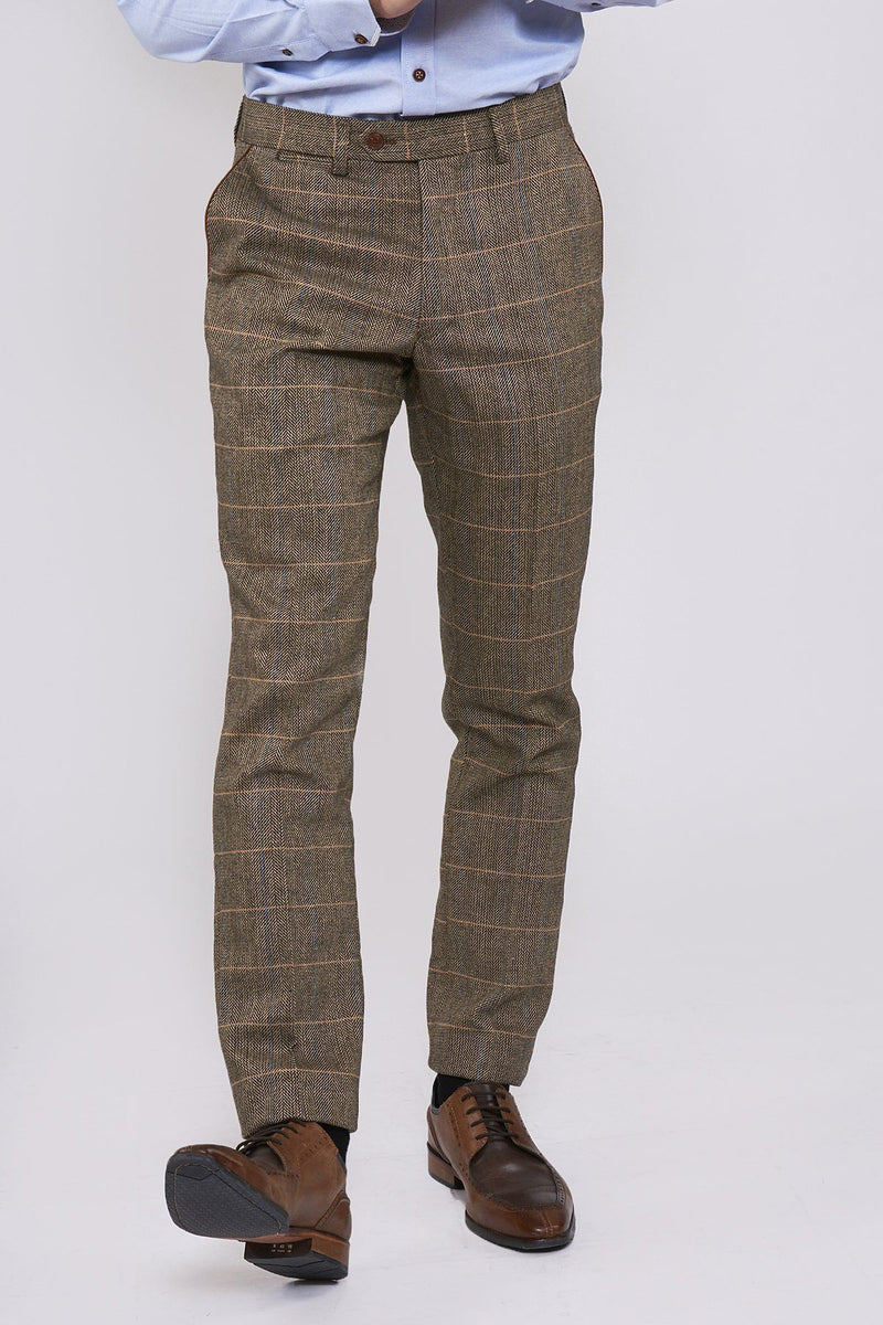 DX7 Tan Tweed Suit With Double Breasted Waistcoat - Mens Tweed Suits | Check Suit | Office Wear