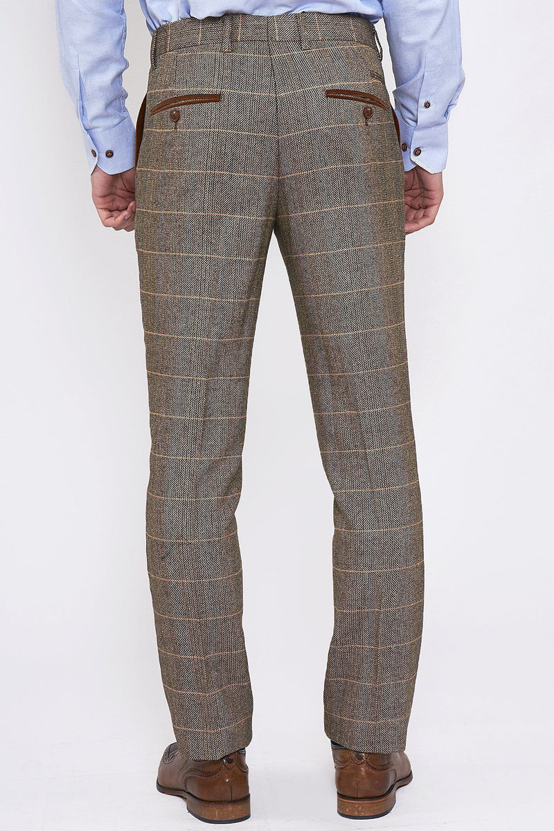 DX7 Tan Tweed Suit With Double Breasted Waistcoat - Mens Tweed Suits| Check Suit | Office Wear