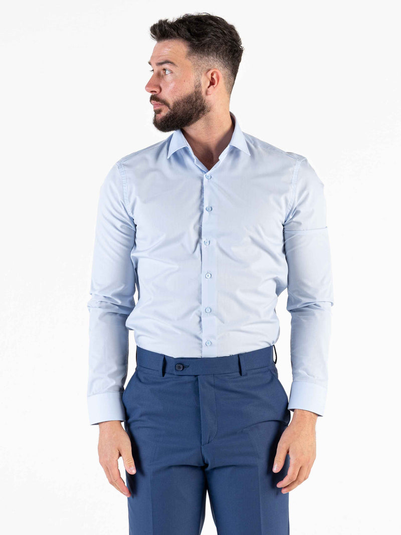 Compliment your grey suit with this classic sky-blue number. This lightweight long-sleeve shirt is ideal to spruce up your office look.     Features:  Regular/Tailored fit Spread collar Single cuff Plain fabric Full button fastening to the front Long sleeve\