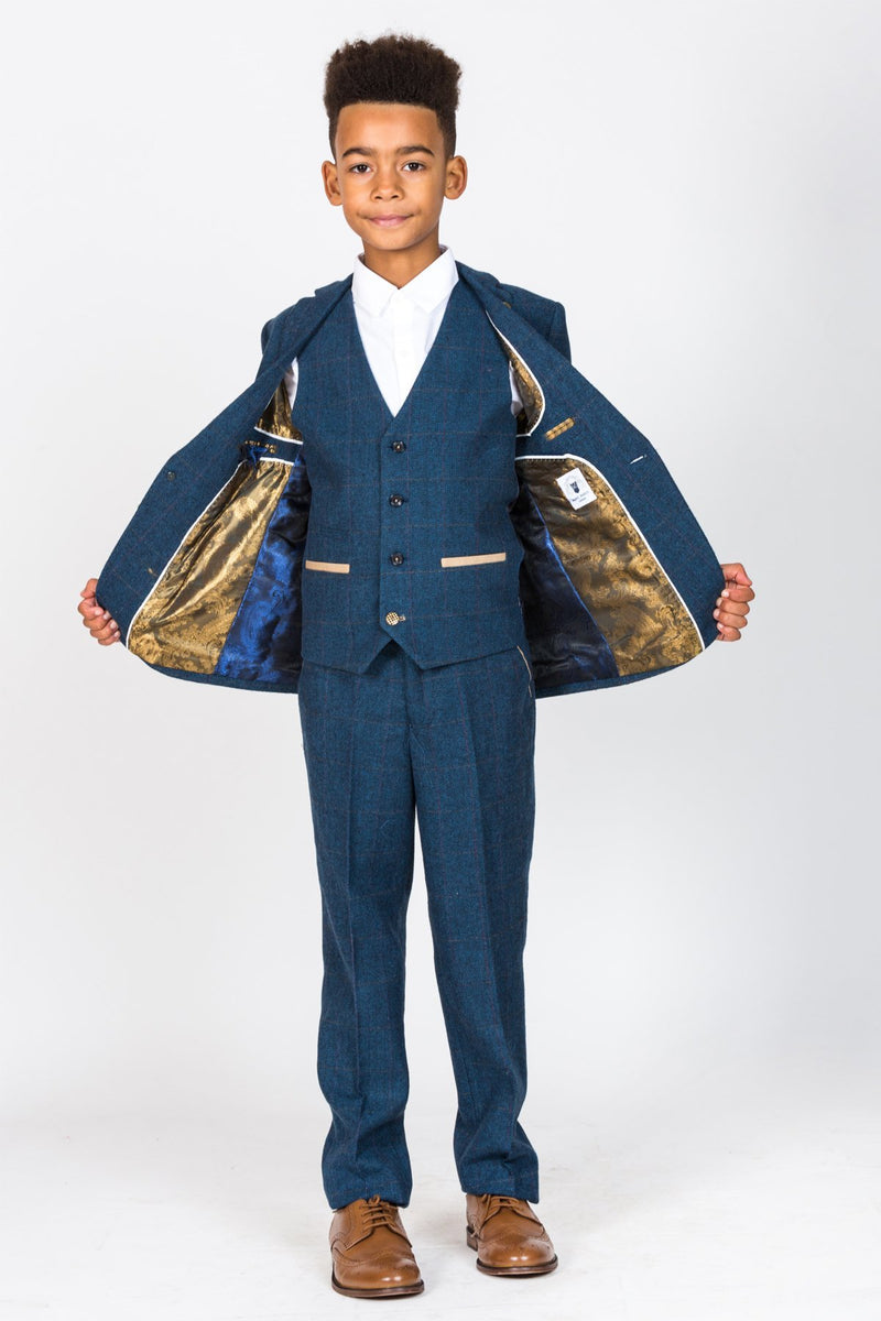 Dion Childrens Blue Tweed Check Three Piece Suit - Mens Tweed Suits