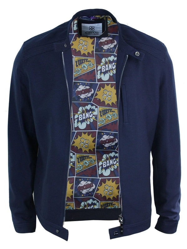 • Mens Zipped Nehru Grandad Collar Biker Style Jacket • Textured Navy Blue Retro Material With Cool Comic Print Lining • Light Weight, Great For Smart Casual Wear • Tailored Fit Design (in between slim & regular fit) Material: Outer: 100% Polyester; Lining: 100% Polyester