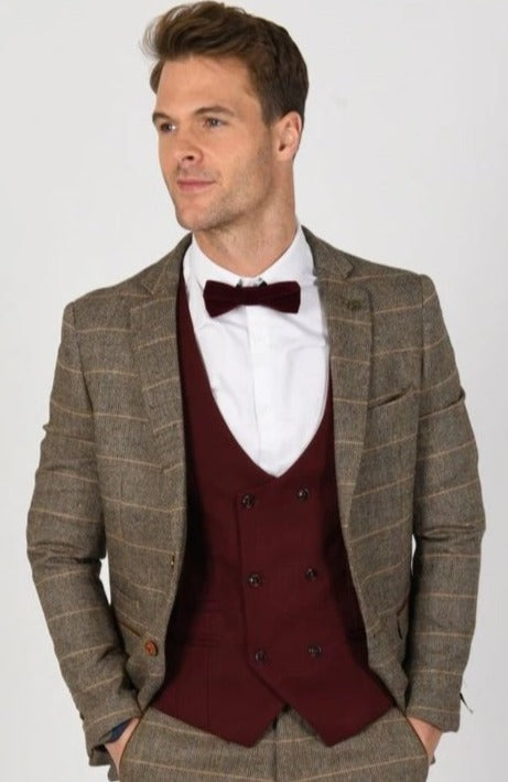 Brown Tweed Suit with Wine Waistcoat :- Check Suit - Mens Tweed Suits | Jacket | Waistcoats | Check Suit | Wedding Wear | Office Wear