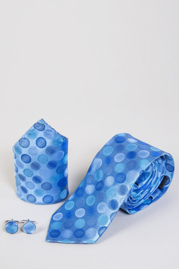 TB1 Blue Circle Print Tie, Cufflink & Pocket Square - Mens Tweed Suits
